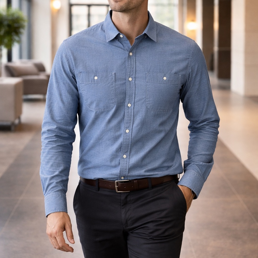 District Made Mens Large Chambray Blue Long Sleeve Button Down Shirt L